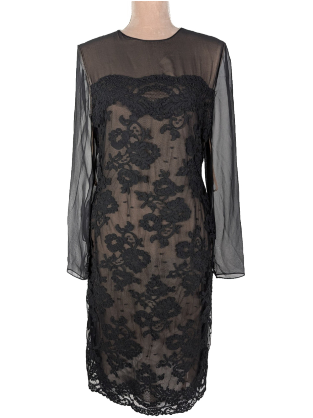 Vintage Bill Blass Evening Sheer Lace Midi Gown Black Nude Sz 12 Retro Classic